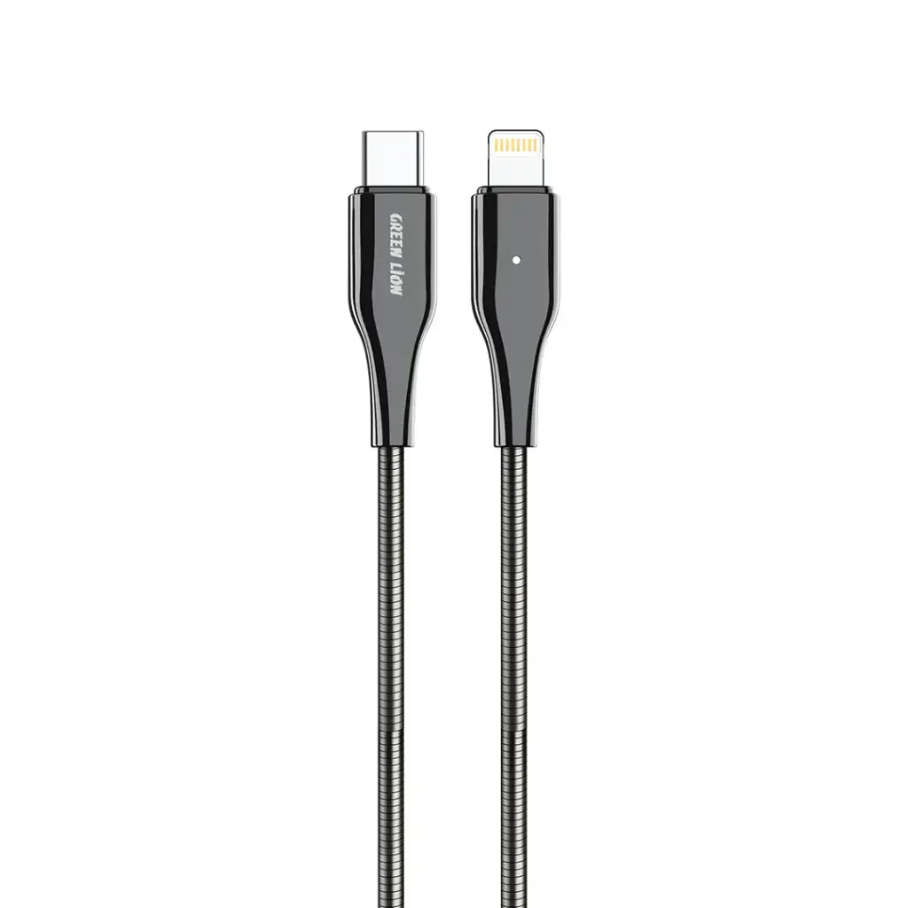 Green Lion USB-C To Lightning Metal Spring Hose Cable - Silver - Image 1